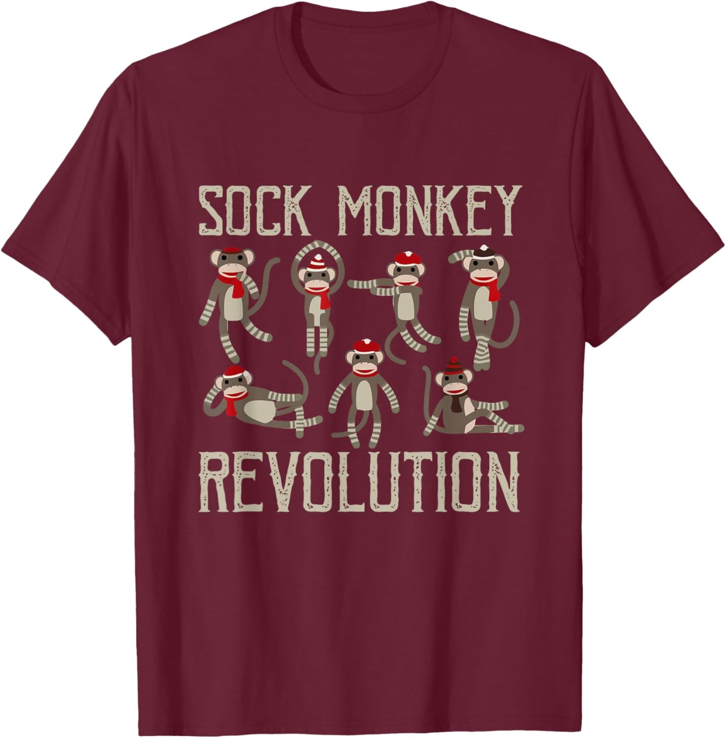 Sock Monkey Revolution Vintage Distressed Monkeys Santa Hat T-Shirt - T-Shirt | Maroon