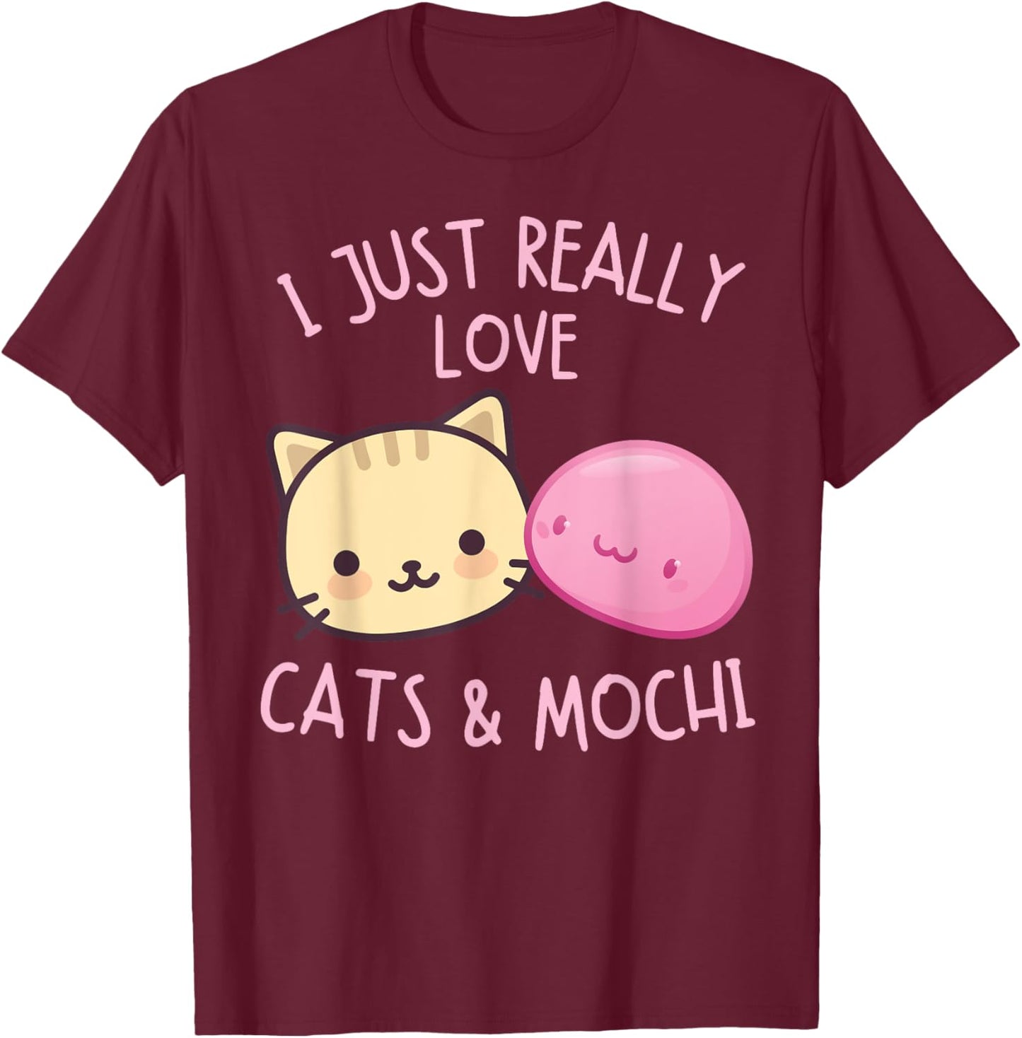 Cute Kawaii Girl Loves Pink Mochi Cat Asian Food Anime Women T-Shirt - T-Shirt | Maroon