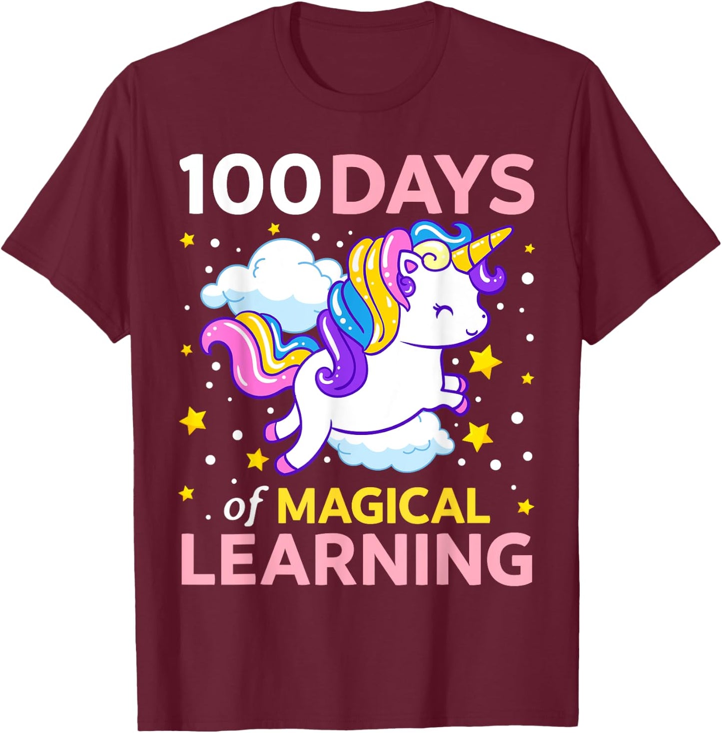 100th Day of School Unicorn Girls 100 Days of Kindergarten T-Shirt - T-Shirt | Maroon