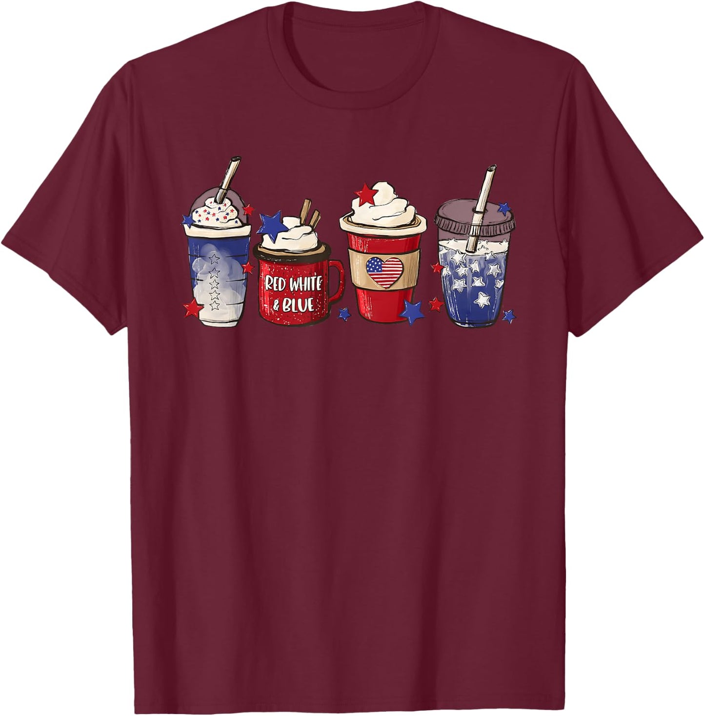 Red White Blue Latte Ice Coffee USA 4th Of July Patriotic Women Kids Men T-Shirt - T-Shirt | Maroon