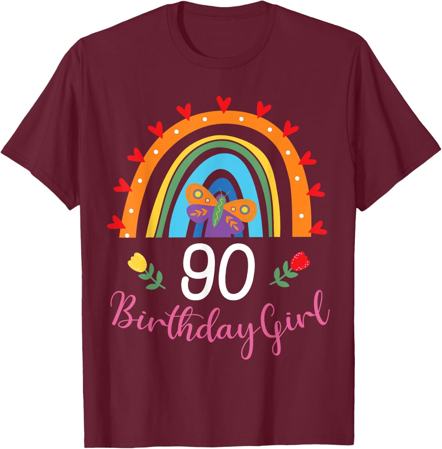 Cute Rainbow 90 Year Old Birthday Girl 90th B-Day Family T-Shirt - T-Shirt | Maroon
