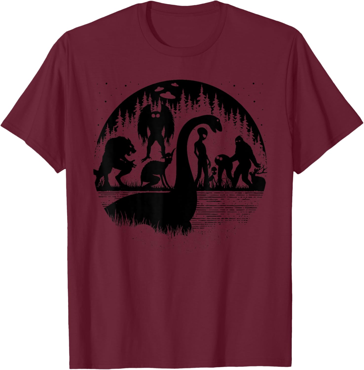 Bigfoot Loch Ness Monster Mothman And Aliens! Funny Cryptid T-Shirt - T-Shirt | Maroon