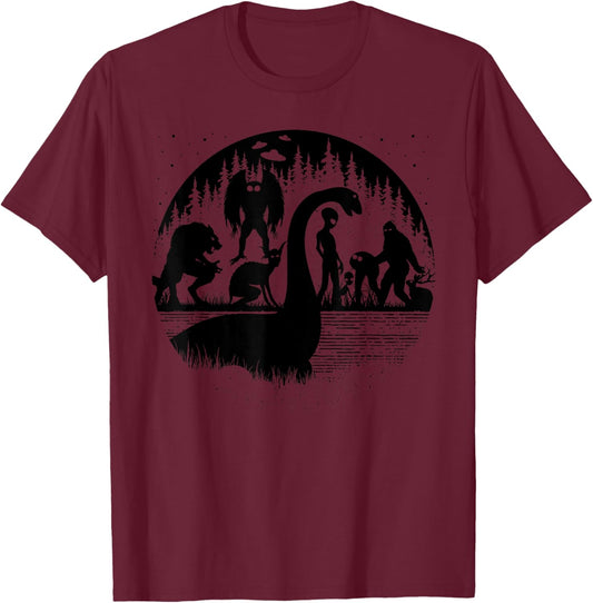 Bigfoot Loch Ness Monster Mothman And Aliens! Funny Cryptid T-Shirt - T-Shirt | Maroon