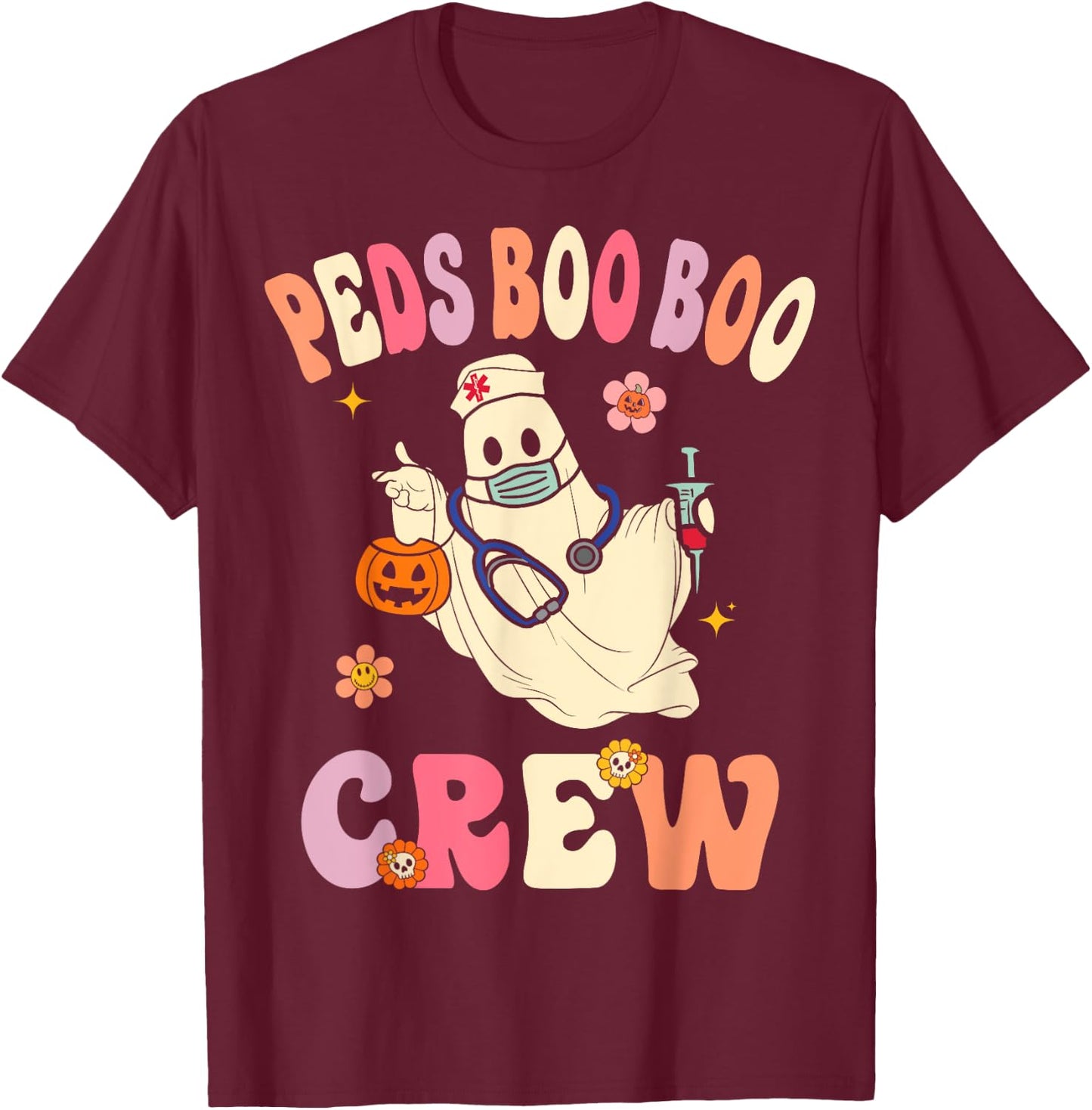 Peds Nurse Boo Crew Retro Halloween Pediatric Nurse T-Shirt - T-Shirt | Maroon