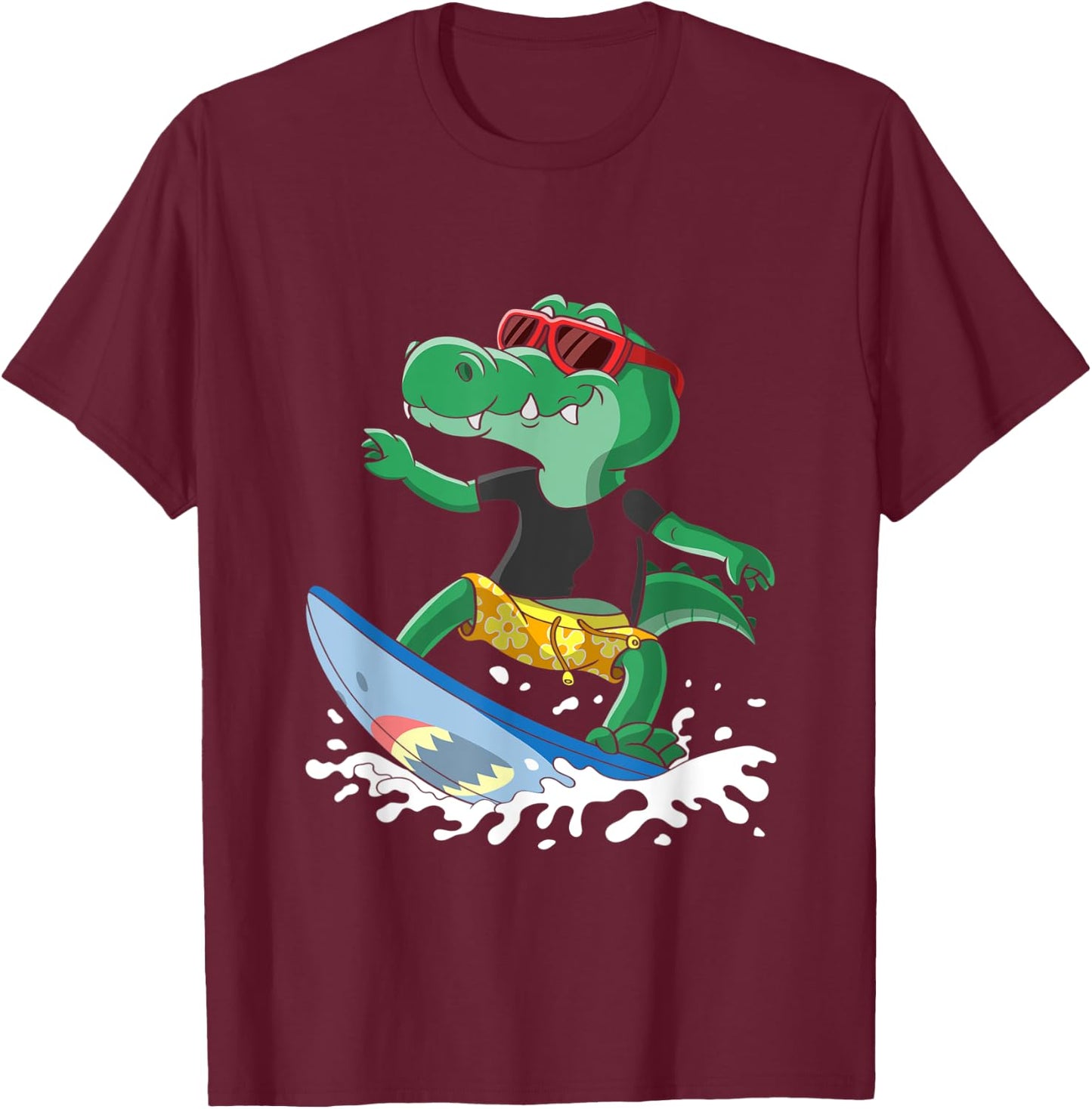Crocodile with a Surfboard, Surfers Surf Hawaii California T-Shirt - T-Shirt | Maroon