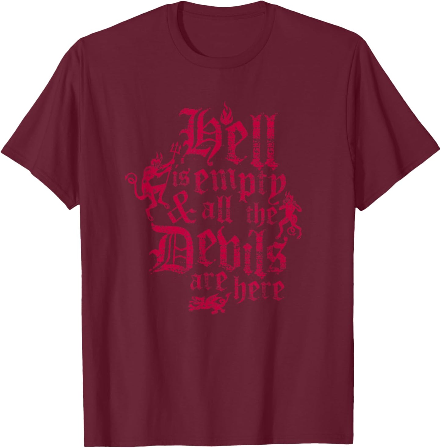 Hell is Empty -Tempest Vintage Distressed Gothic Shakespeare T-Shirt - T-Shirt | Maroon