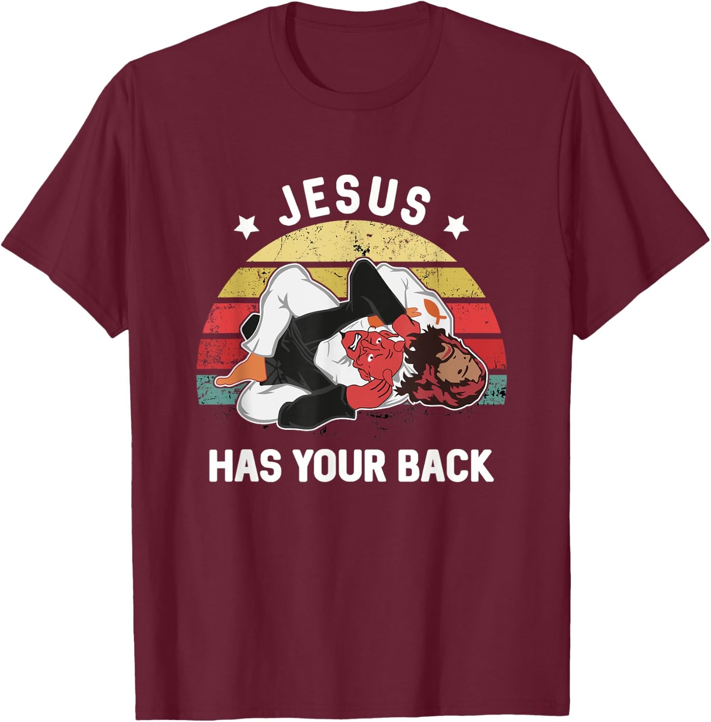 Jesus Has Your Back Jiu Jitsu Retro Christian T-Shirt - T-Shirt | Maroon
