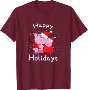 Kids Peppa Pig Christmas Happy Holidays Family Group Shot T-Shirt - T-Shirt | Maroon