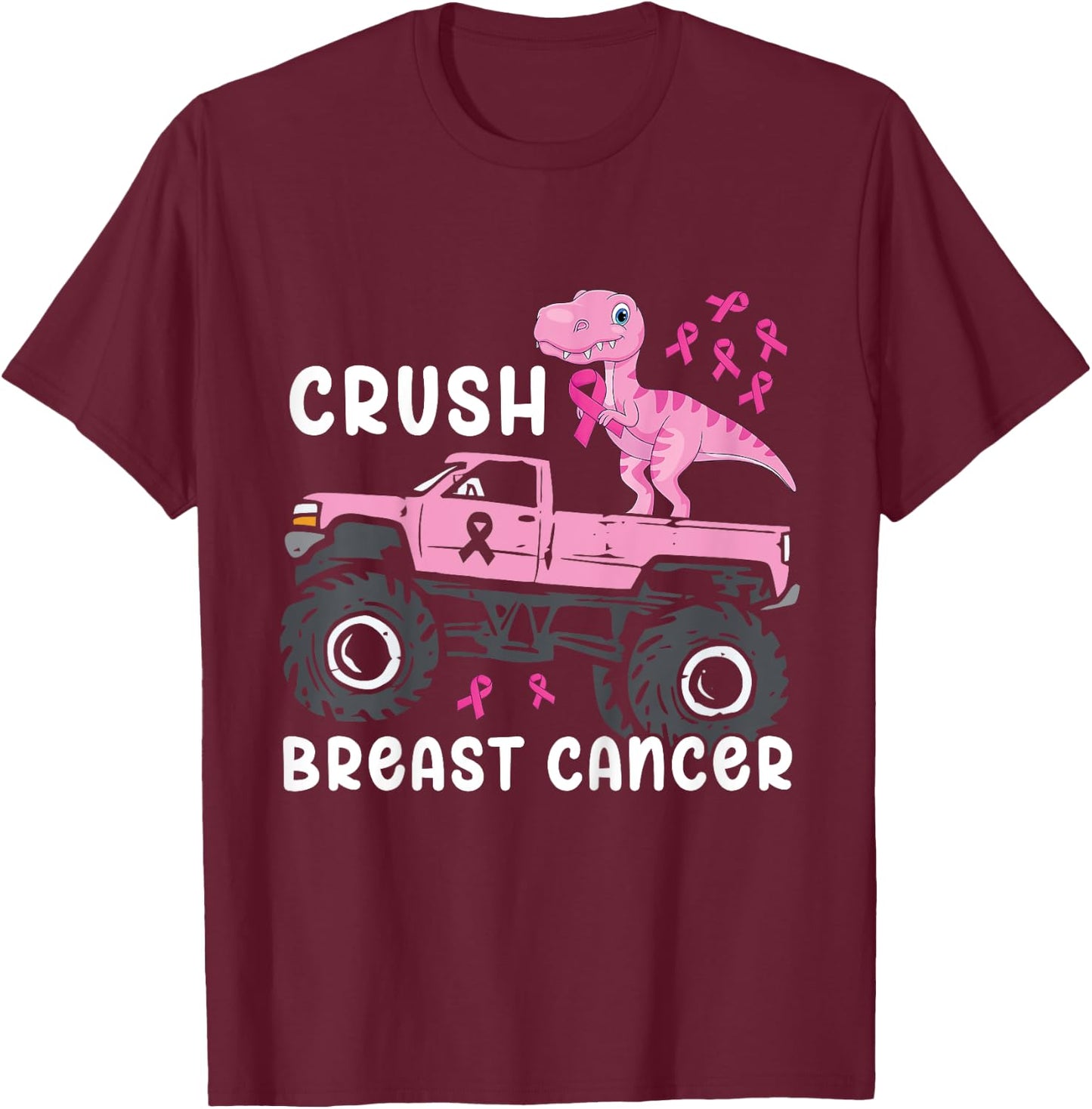 Kids Crush Breast Cancer Monster Truck Dinosaur T Rex Boys Kids T-Shirt - T-Shirt | Maroon