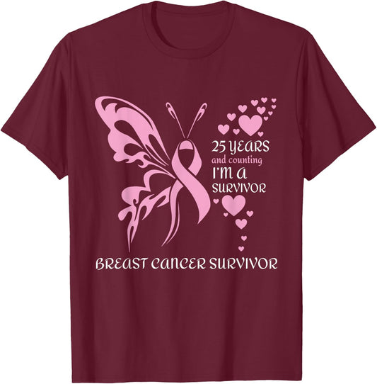 Butterfly 25 Years And Counting I'm A Breast Cancer Survivor T-Shirt - T-Shirt | Maroon