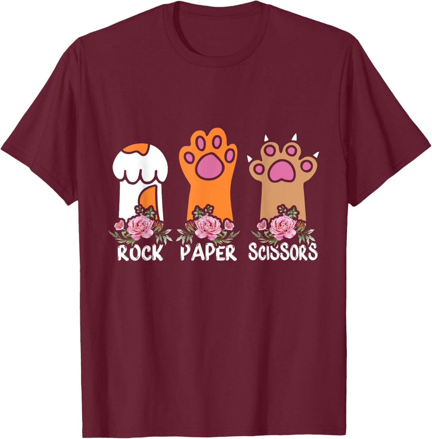Rock Paper Scissors Hand Game Meme Animal Paw Flower Cat Men Women Kids T-Shirt - T-Shirt | Maroon