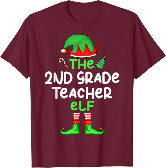 I'm The 2nd Grade Teacher Elf Christmas Matching Pajama T-Shirt - T-Shirt | Maroon