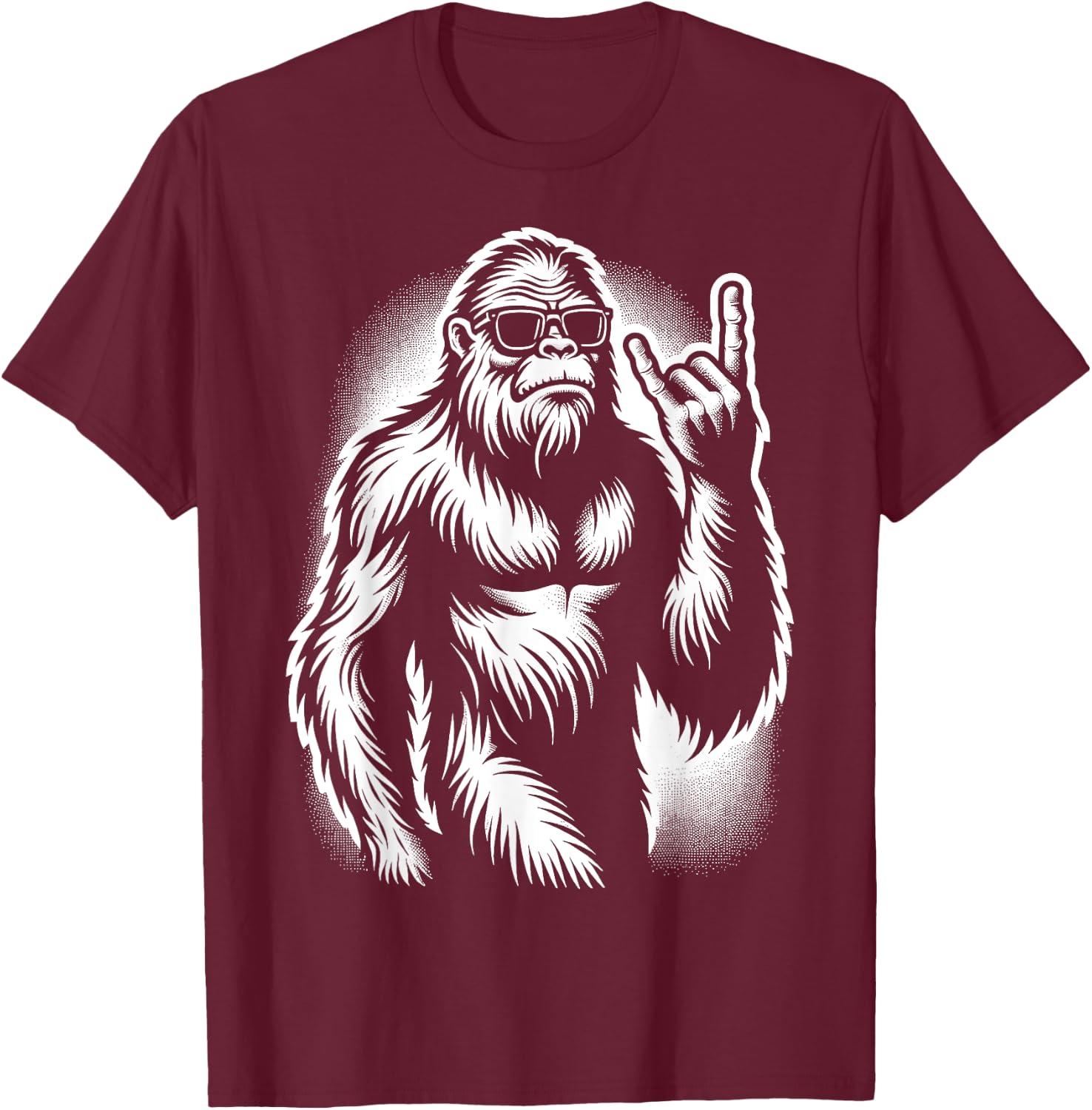 Bigfoot Sasquatch Rock and Roll Heavy Metal Horns T-Shirt - T-Shirt | Maroon
