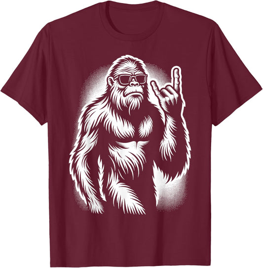 Bigfoot Sasquatch Rock and Roll Heavy Metal Horns T-Shirt - T-Shirt | Maroon