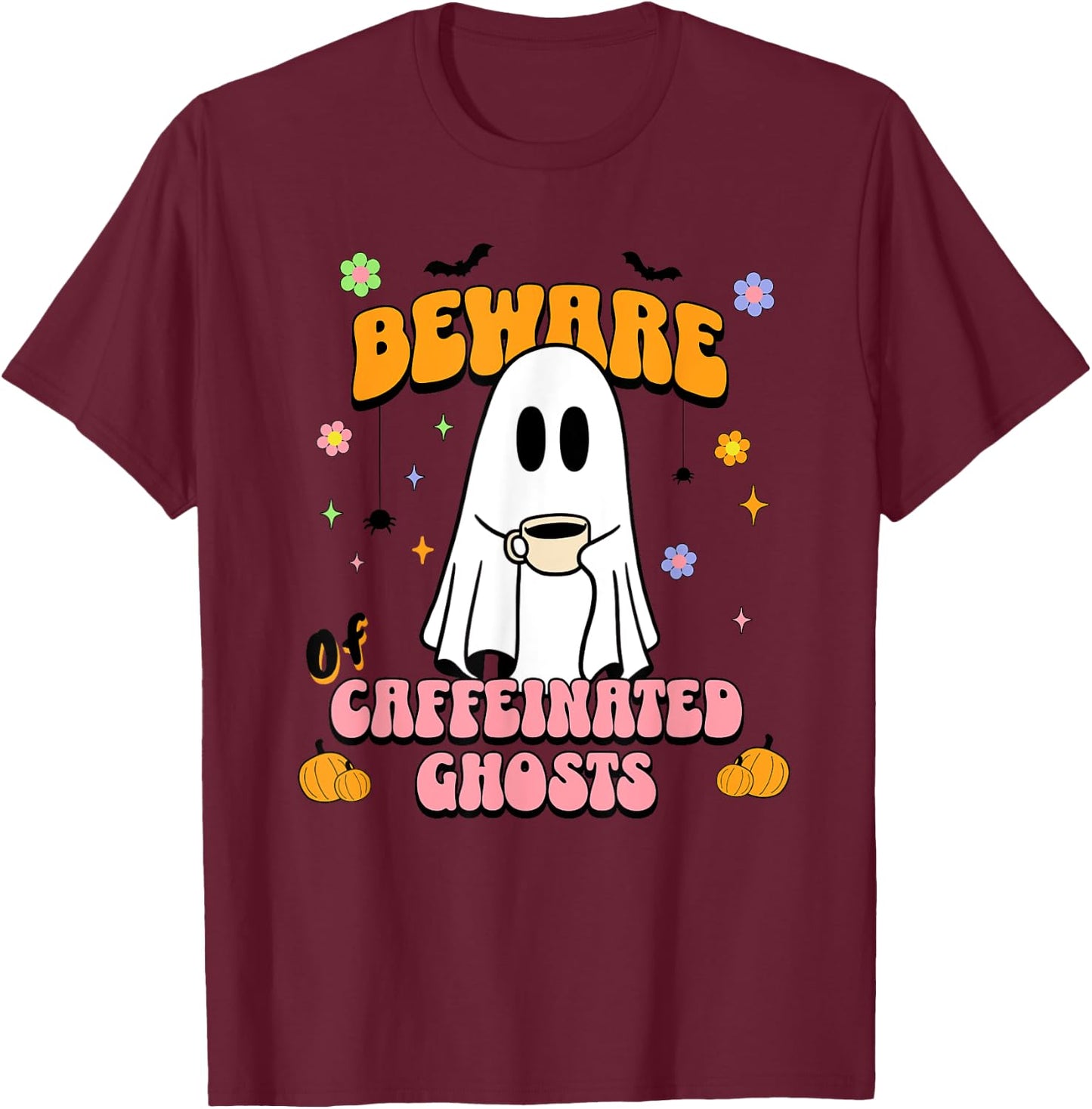 Cute Ghost Drinking Coffee Halloween Spooky Season Lover T-Shirt - T-Shirt | Maroon
