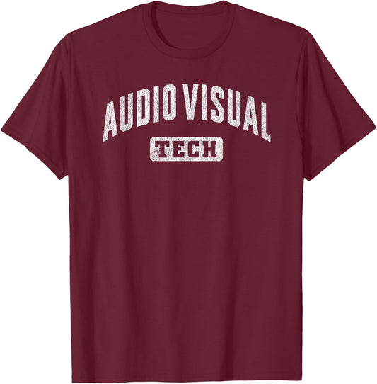 AV Audio Visual Technician Gifts -Adults Kids AV Tech Black Small Crew Collar Short Sleeve Vintage Distressed Graphic Mixed Fabric T-Shirt - T-Shirt | Maroon