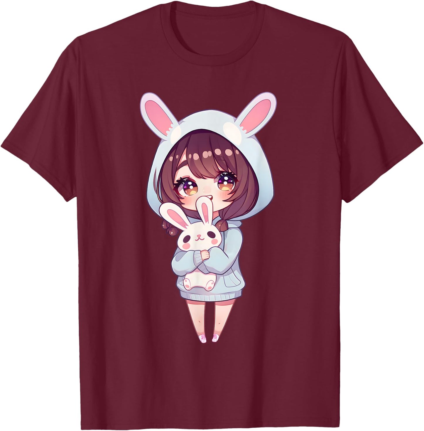 Anime Girl With Bunny Kawaii Easter Japanese Otaku Girl T-Shirt - T-Shirt | Maroon
