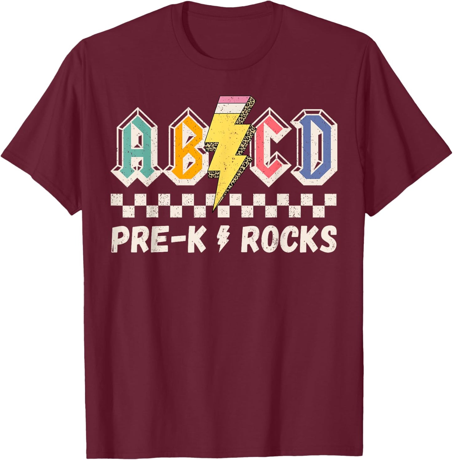 ABCD Pre-k Kindergarten Rocks Pencil Lightning Teachers Rock T-Shirt - T-Shirt | Maroon