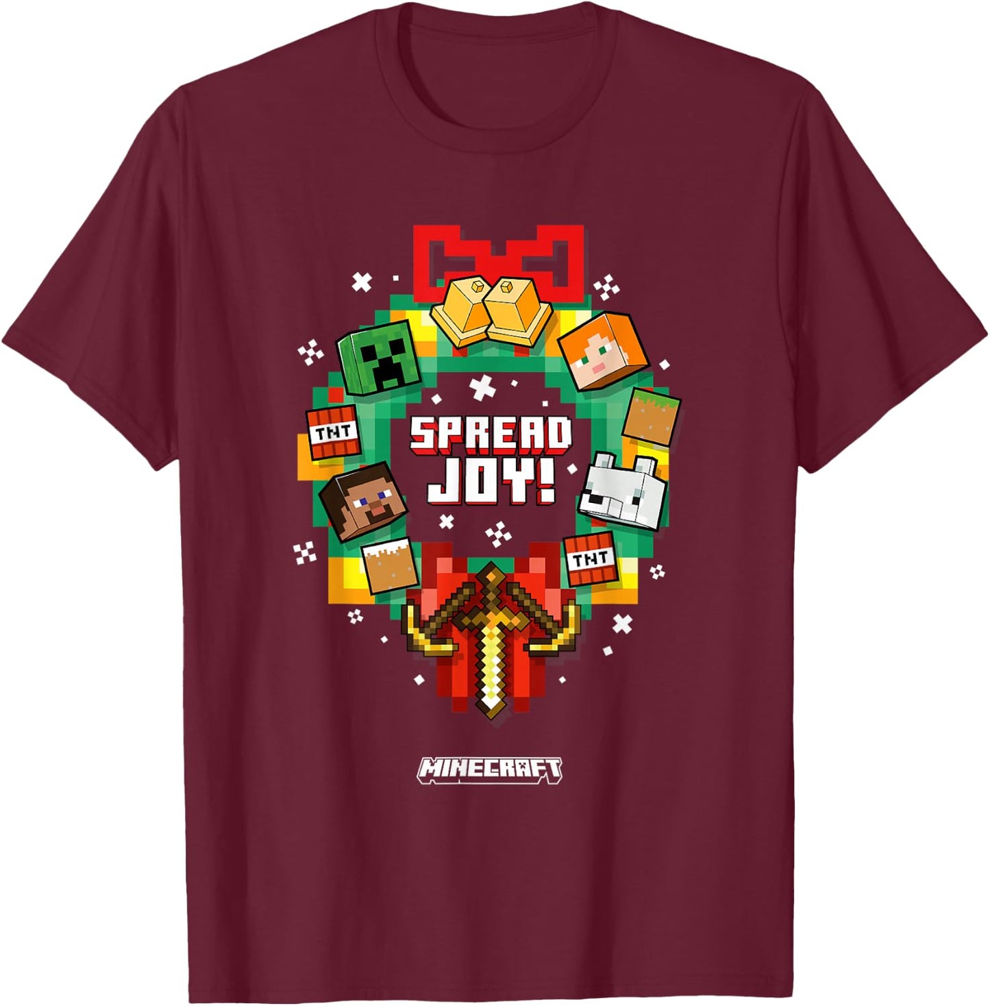 Minecraft Christmas Spread Joy! Xmas Crown Group Shot T-Shirt - T-Shirt | Maroon