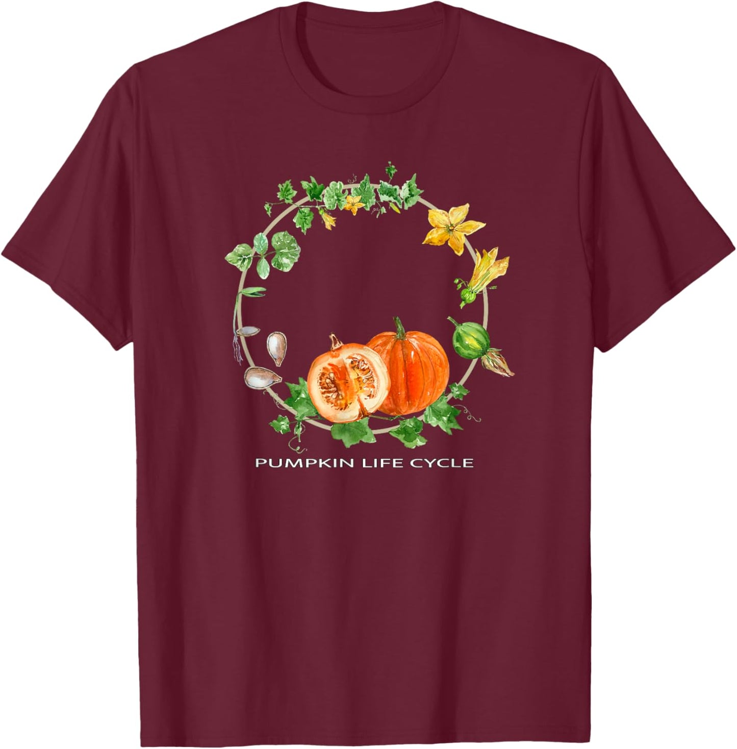 Pumpkin Life Cycle Gardening Fruit Plant Growth Stages Art T-Shirt - T-Shirt | Maroon