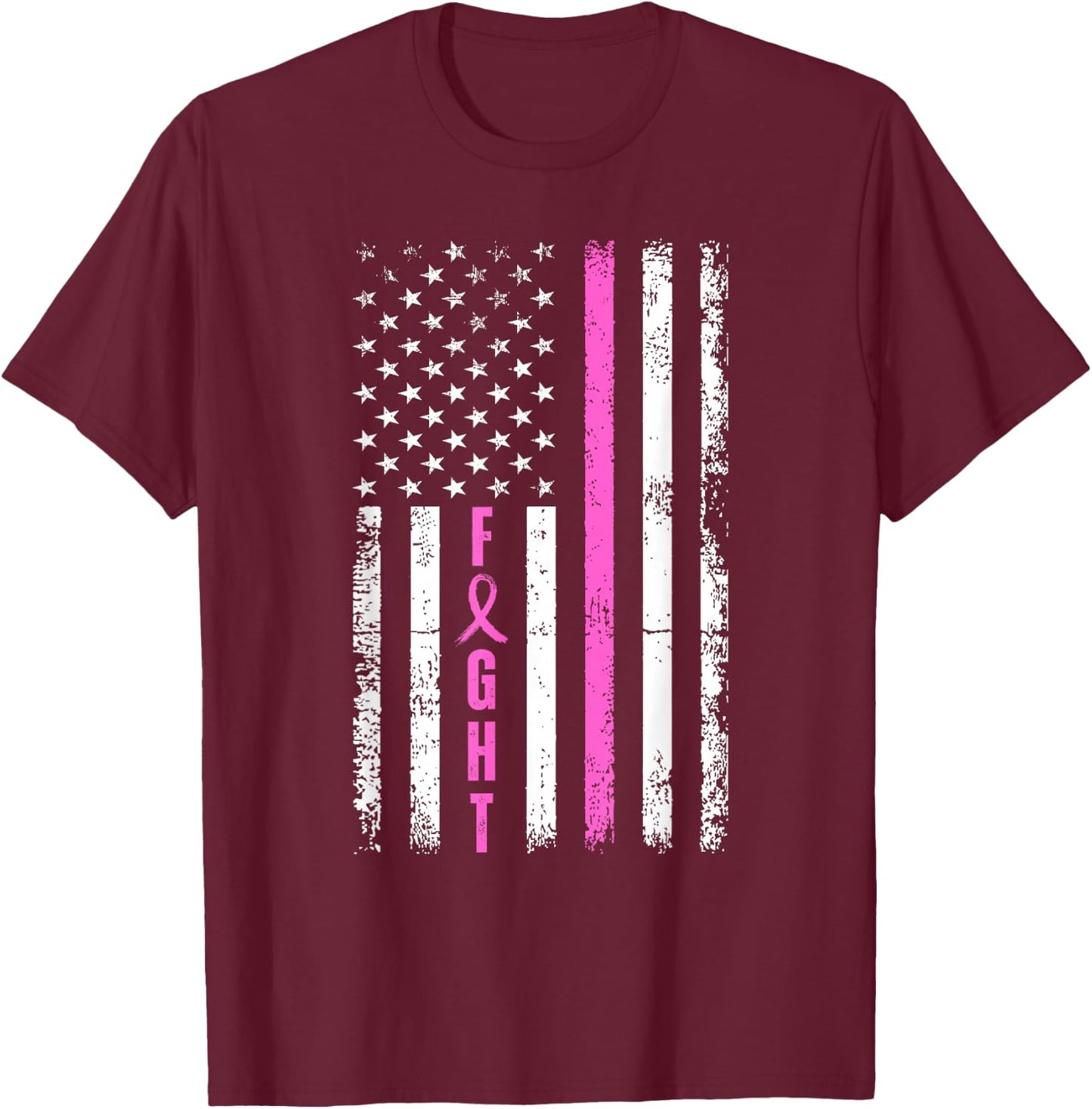 Fight Breast Survivor American Flag Breast Cancer Awareness T-Shirt - T-Shirt | Maroon
