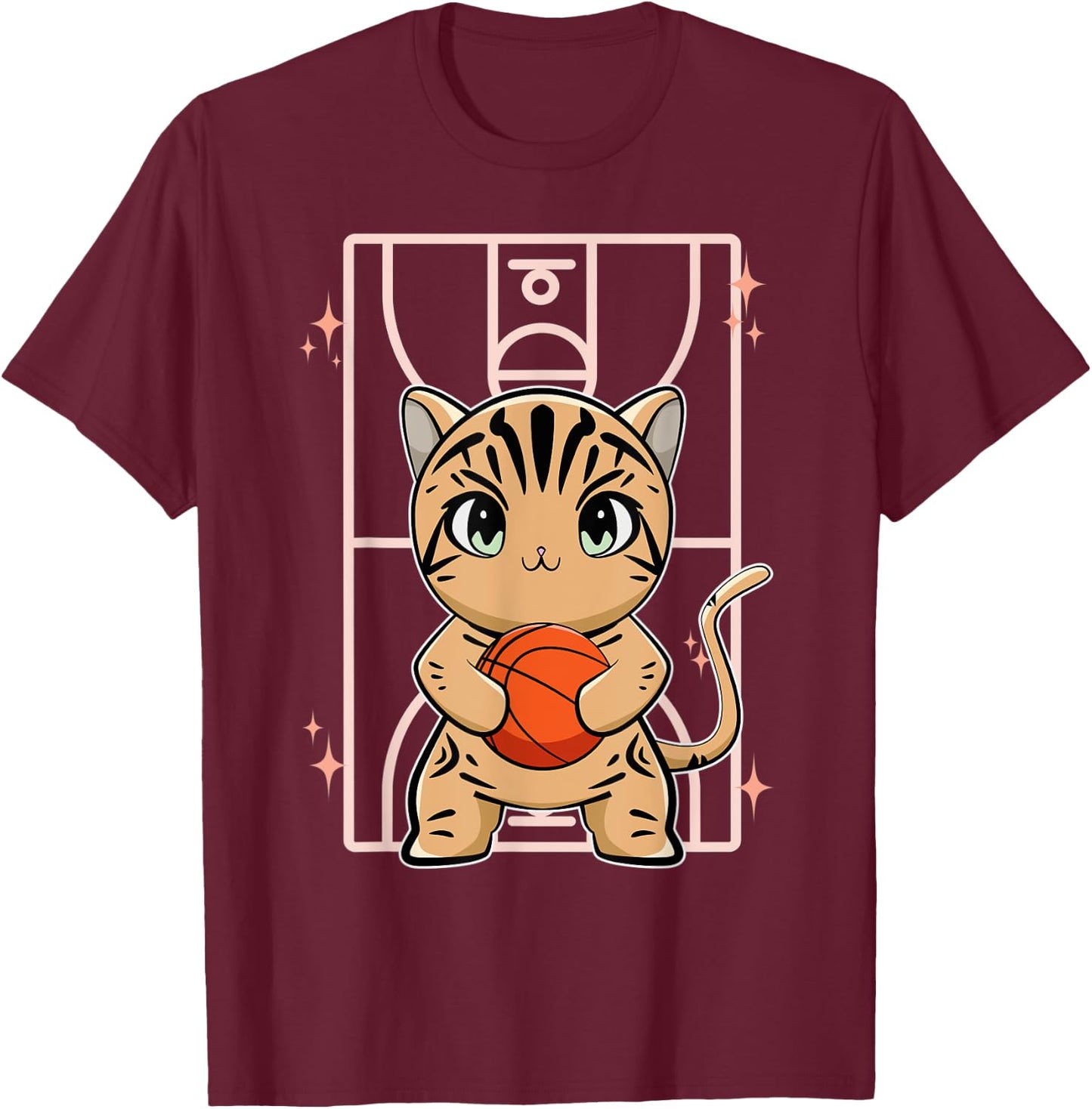 American Shorthair Cat With Basketball Men Women Kids T-Shirt - T-Shirt | Maroon