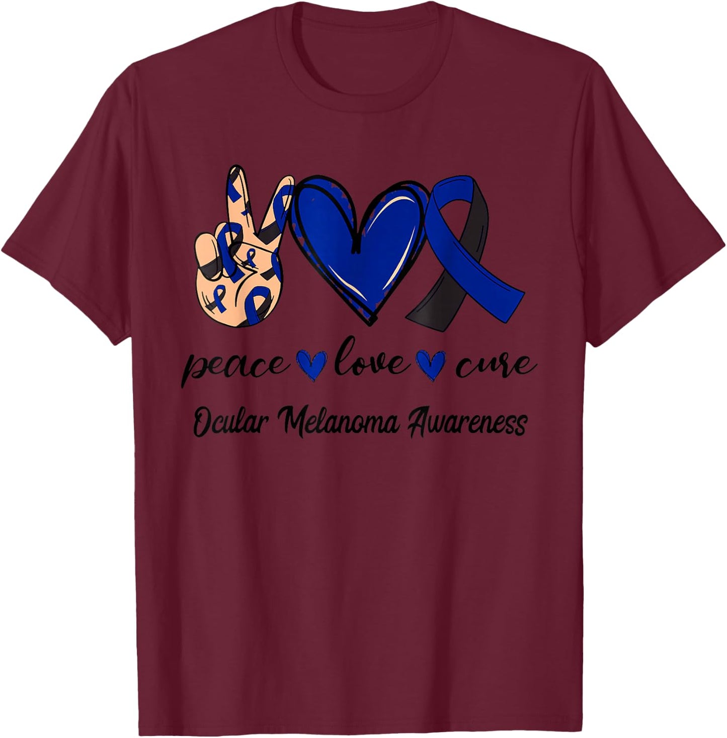 Peace Love Cure Ocular Melanoma Black Navy Ribbon Awareness T-Shirt - T-Shirt | Maroon