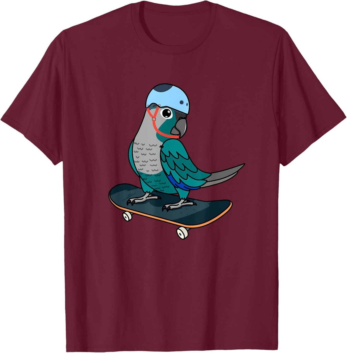 Skateboarding Parrot I Turquoise Green Cheek Conure T-Shirt - T-Shirt | Maroon