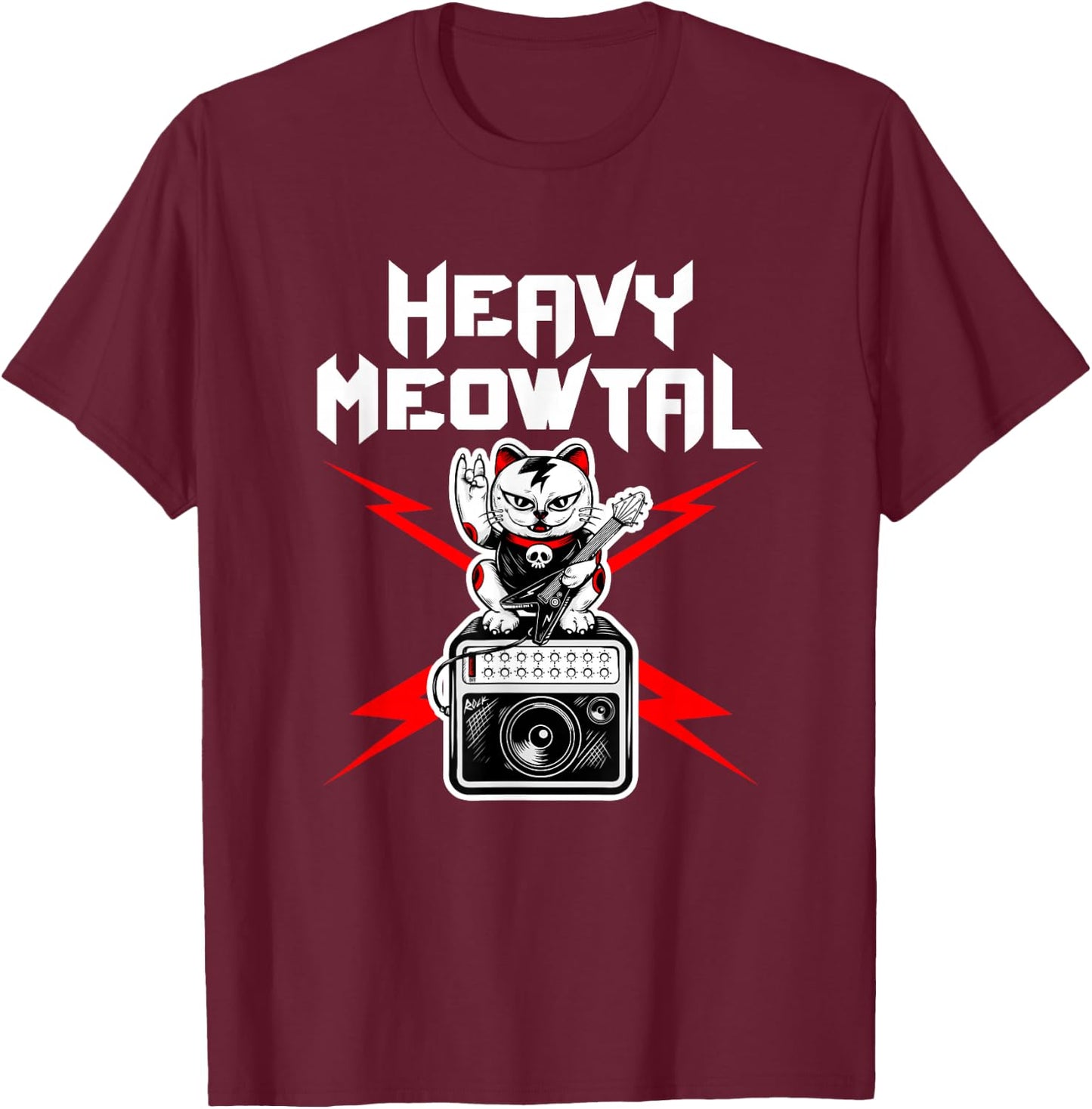 Heavy Meowtal Cat Metal Music Rock Guitarist Bassist T-Shirt - T-Shirt | Maroon