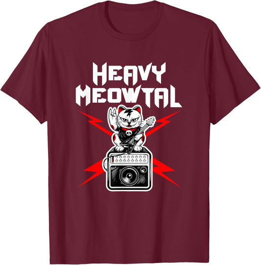 Heavy Meowtal Cat Metal Music Rock Guitarist Bassist T-Shirt - T-Shirt | Maroon