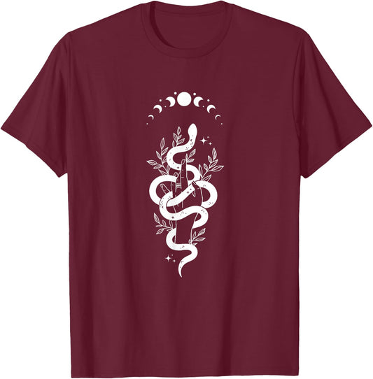 Magic Boho Snake with Moon Phase & Leaves T-Shirt - T-Shirt | Maroon