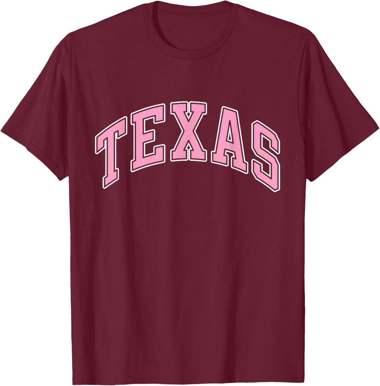 Texas Varsity Style Pink Text T-Shirt - T-Shirt | Maroon