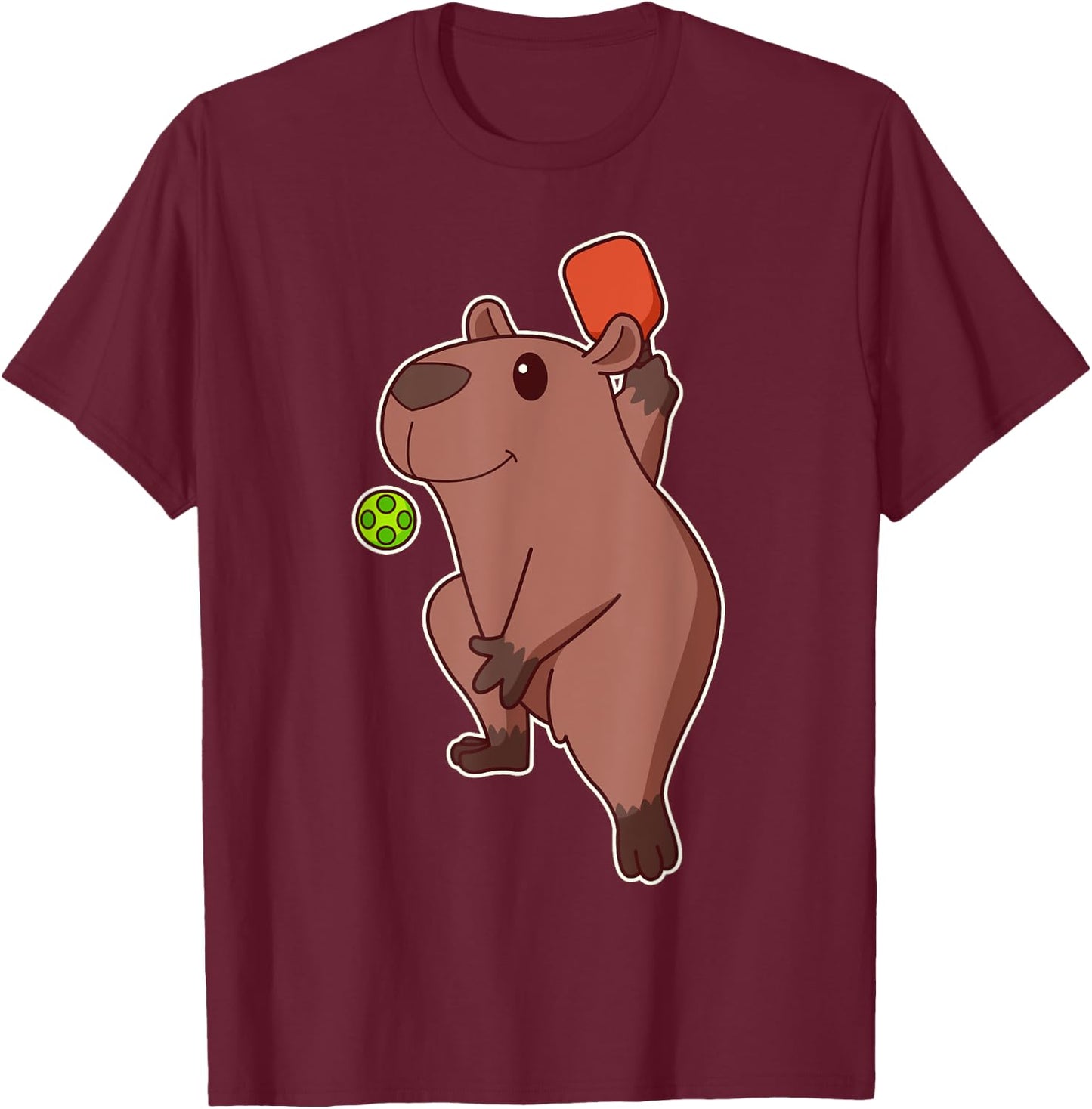 Cute Kawaii Capybara playing pickleball T-Shirt - T-Shirt | Maroon