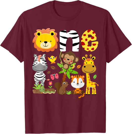 1st Birthday One Year Old Zoo Theme Safari Jungle Animals T-Shirt - T-Shirt | Maroon