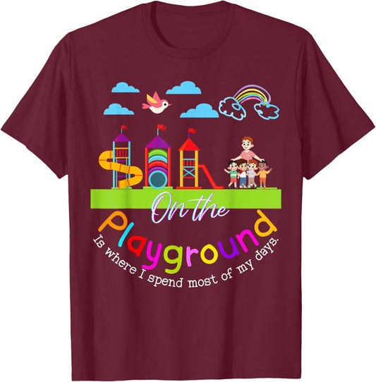 Teachers Recess Aide Team Cute Funny School Gifts On the Playground Teacher Appreciation Kindergarten Collect T-Shirt - T-Shirt | Maroon