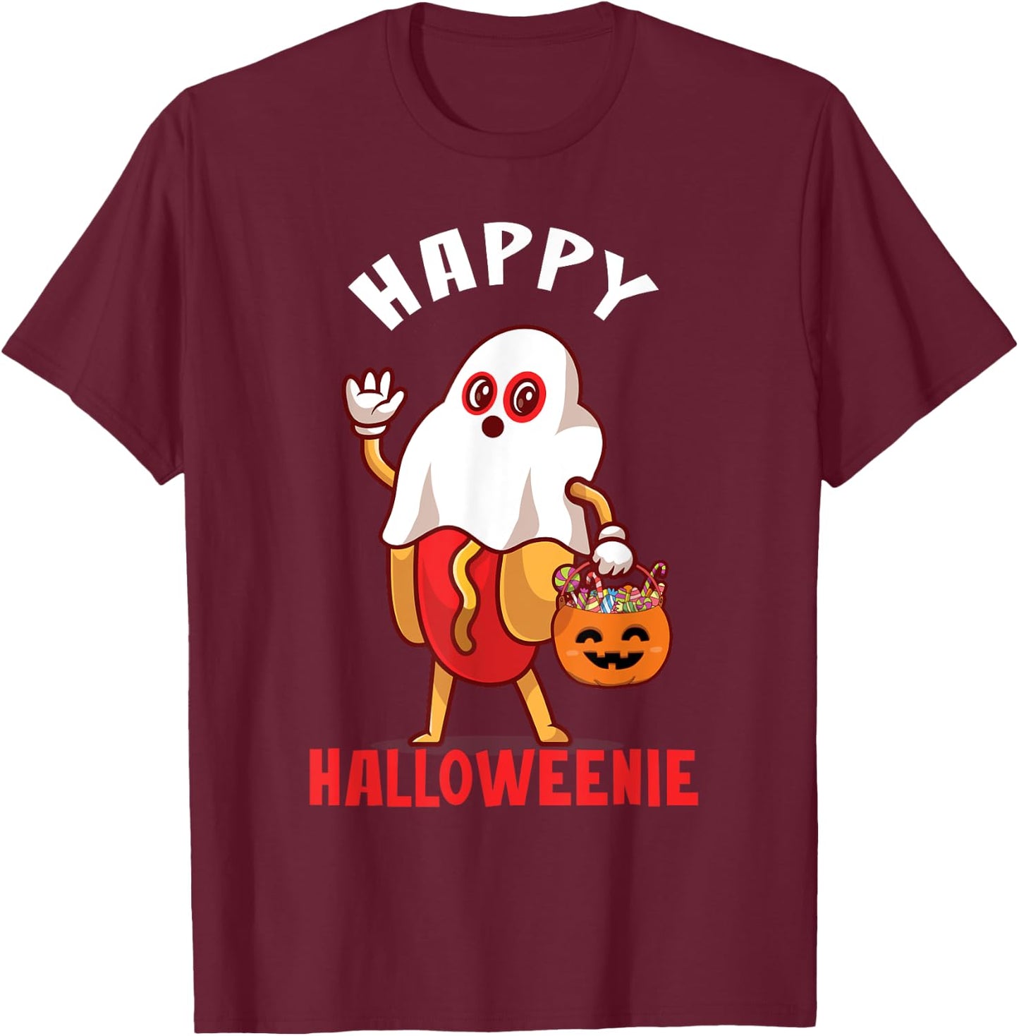Happy Halloweenie Halloween Hot Dog Ghost Funny T-Shirt - T-Shirt | Maroon