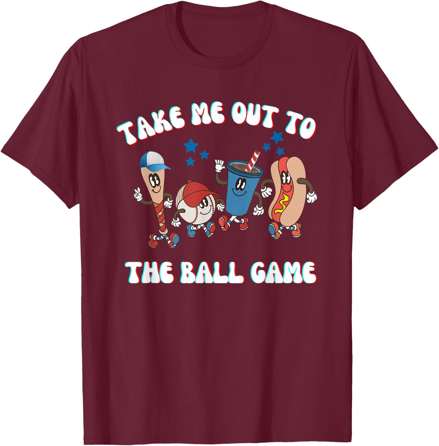 Retro Take Me Out ToThe Ball Game Baseball Hot Dog Bat Ball T-Shirt - T-Shirt | Maroon