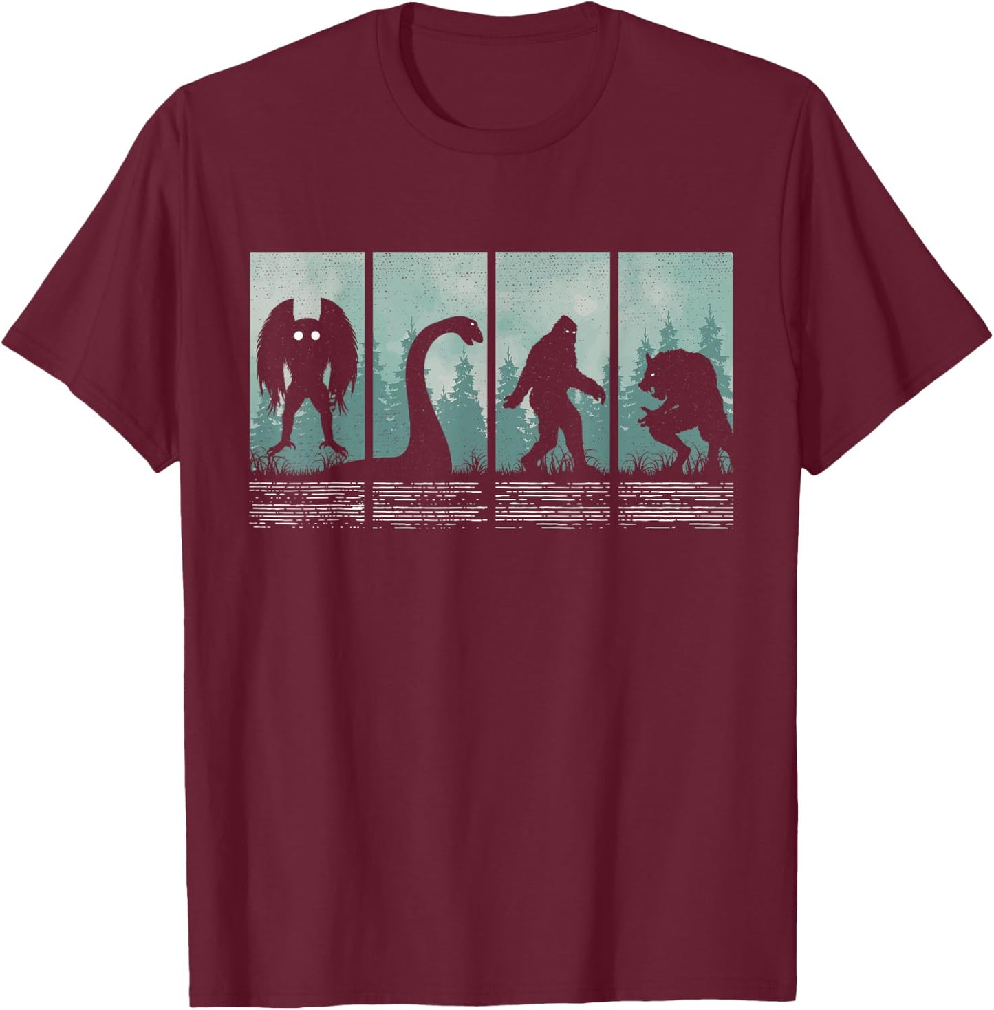 Bigfoot Loch Ness Monster Mothman and Dogman! Funny Cryptid T-Shirt - T-Shirt | Maroon