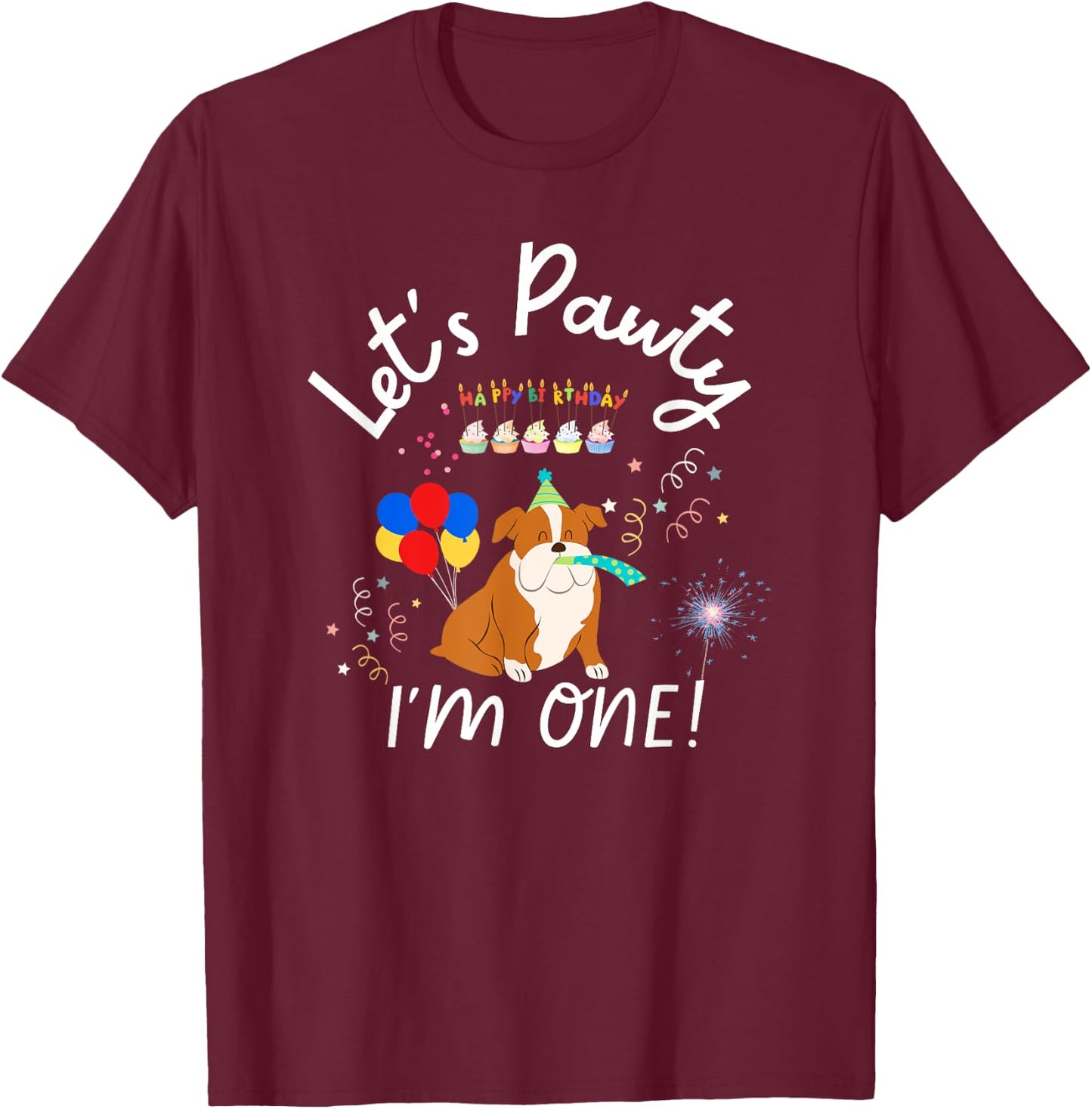 Dog's first Birthday English Bulldog Dogs Party Outfit T-Shirt - T-Shirt | Maroon