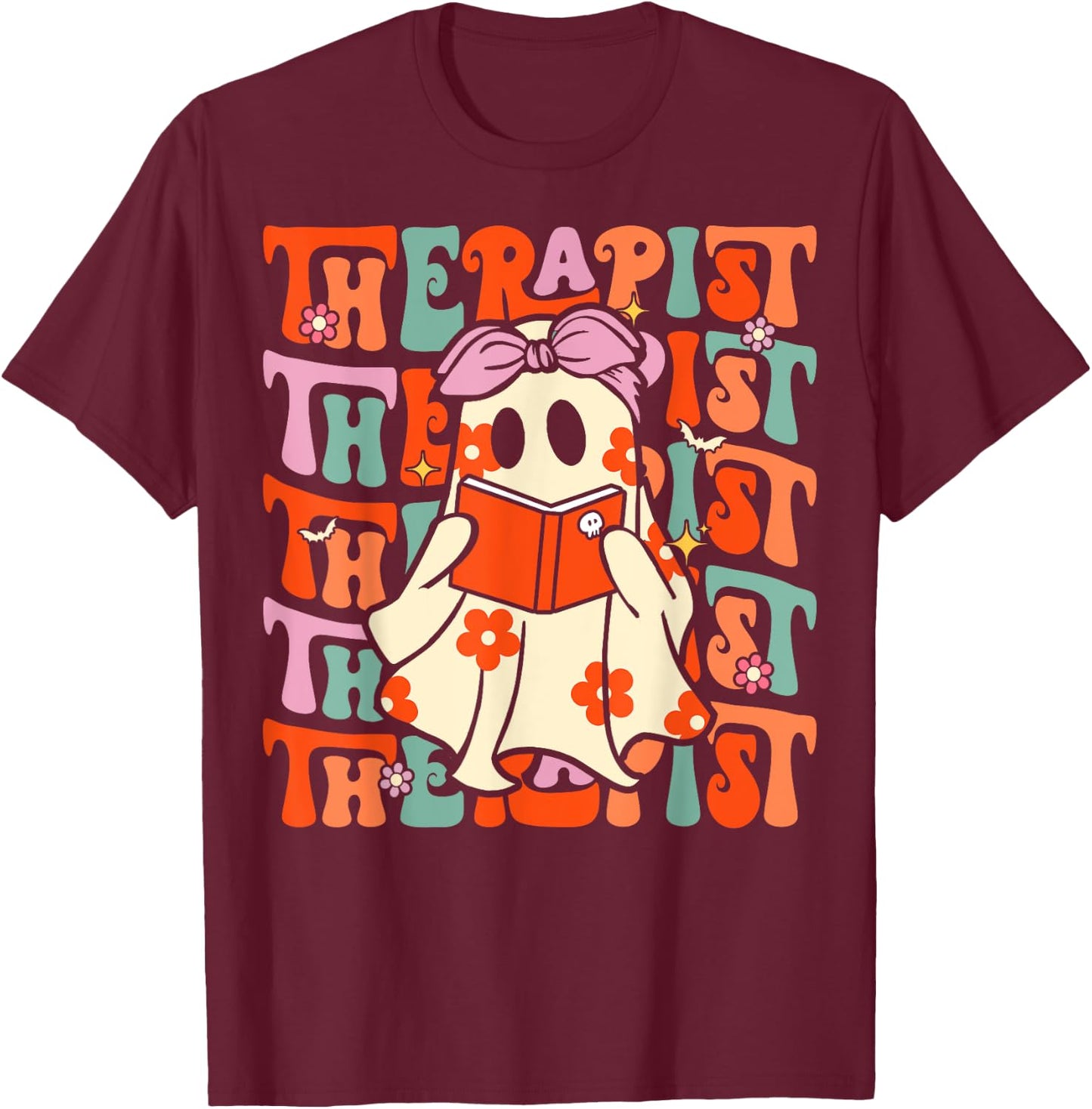 Therapist Groovy Halloween Retro Ghost Mental Health Therapy T-Shirt - T-Shirt | Maroon