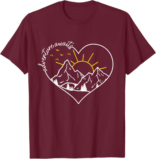 Adventure Awaits Hiking Camping Outdoor Heart Mountain Hiker T-Shirt - T-Shirt | Maroon
