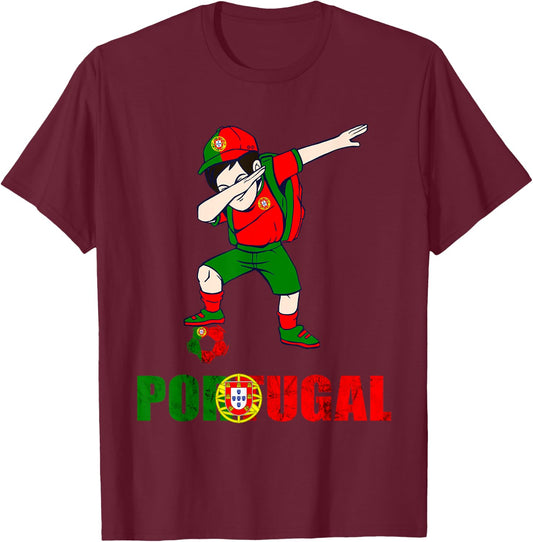 Portugal Flag Dabbing Boy Portugal Soccer Portuguese Pride T-Shirt - T-Shirt | Maroon