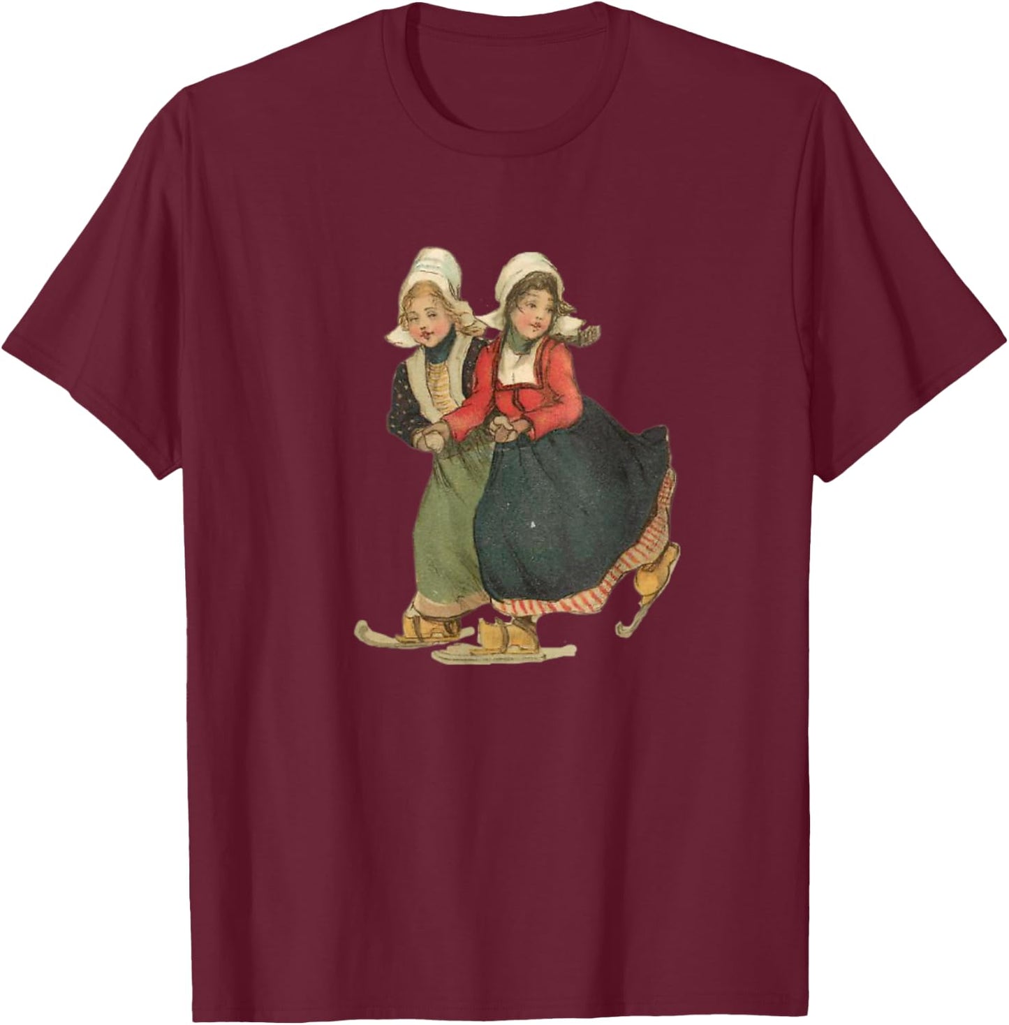 Vintage little Dutch girls in Traditional National Dress T-Shirt - T-Shirt | Maroon