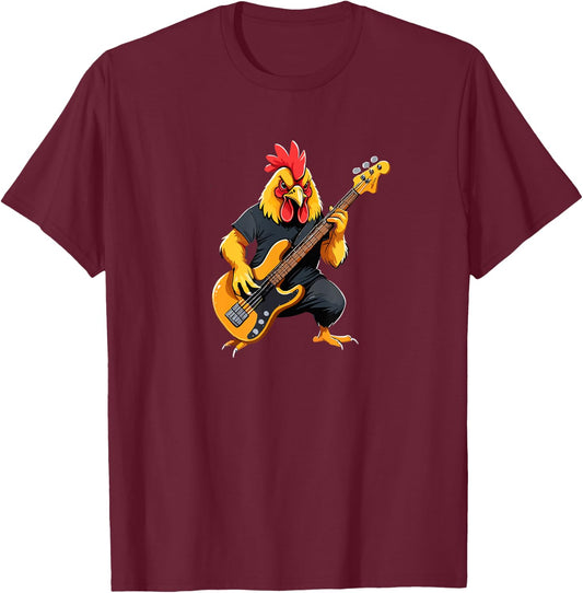 Chicken playing Bass Guitar, Chicken Guitarist T-Shirt - T-Shirt | Maroon