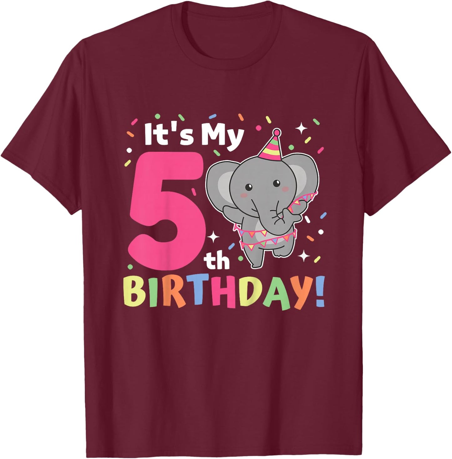 Kids Elephant 5th Birthday For Kids Five Years Old T-Shirt - T-Shirt | Maroon