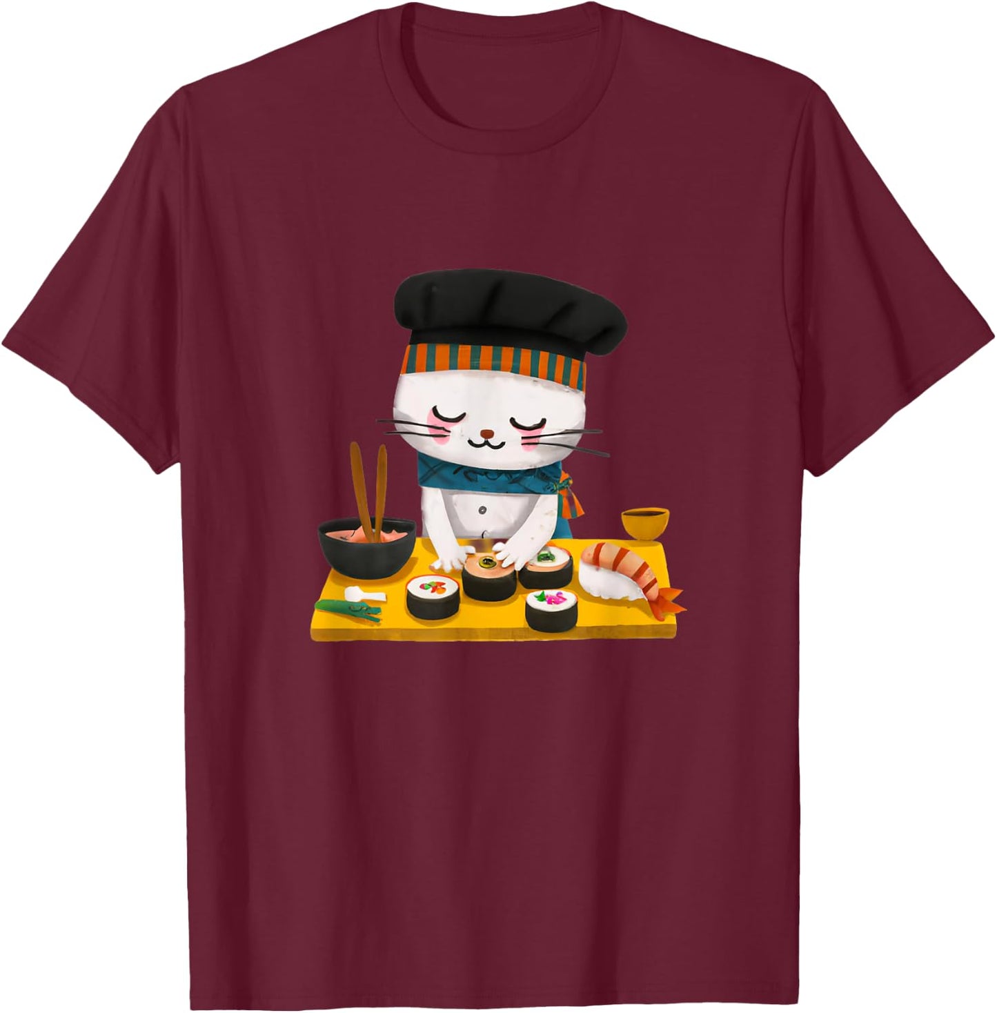 Sushi Cat Chef Kawaii Japanese Neko Men Women Girls Kids T-Shirt - T-Shirt | Maroon