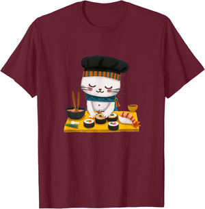 Sushi Cat Chef Kawaii Japanese Neko Men Women Girls Kids T-Shirt - T-Shirt | Maroon