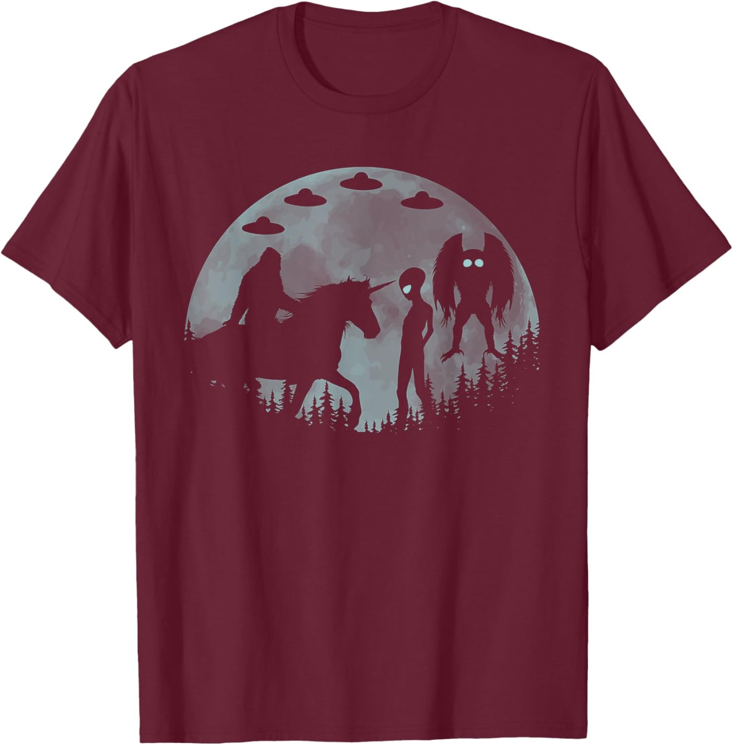Bigfoot Riding Unicorn Funny Sasquatch Ufo Mothman And Alien T-Shirt - T-Shirt | Maroon