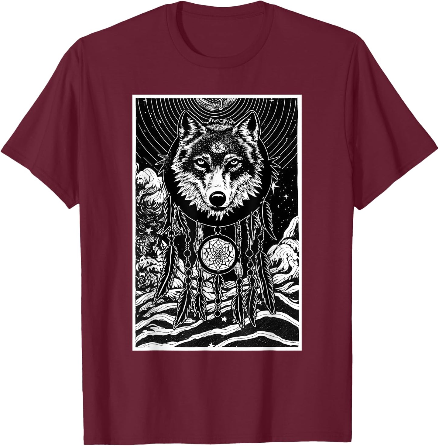 Dreamcatcher Wolf Full Moon Wiccan Native American T-Shirt - T-Shirt | Maroon
