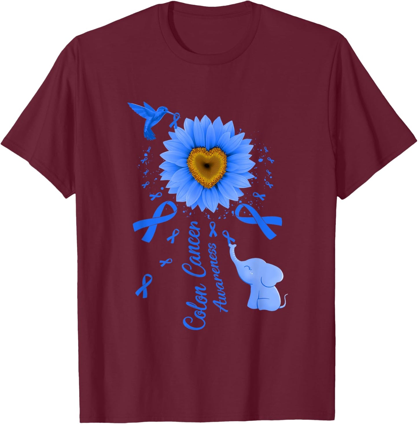 Sunflower Hummingbird Elephant Colon Cancer Awareness T-Shirt - T-Shirt | Maroon